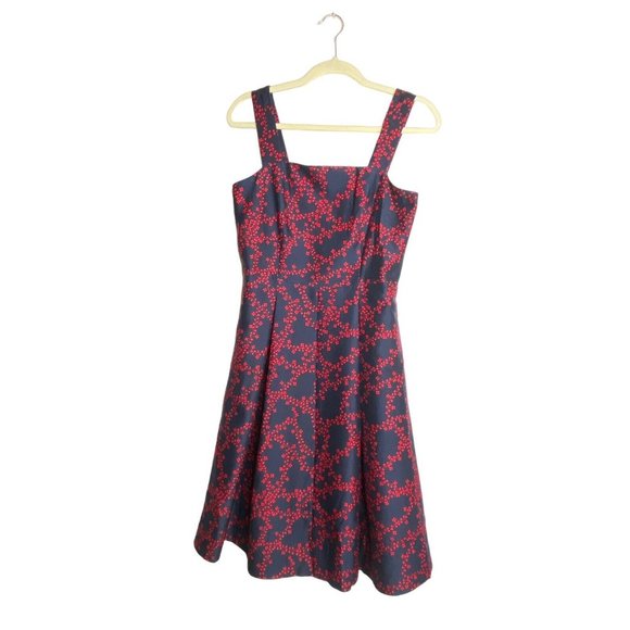 Draper James Clover Vines Dress Nassau Navy Blue Red Sz 6 Back Zip Side Pockets - Picture 1 of 8